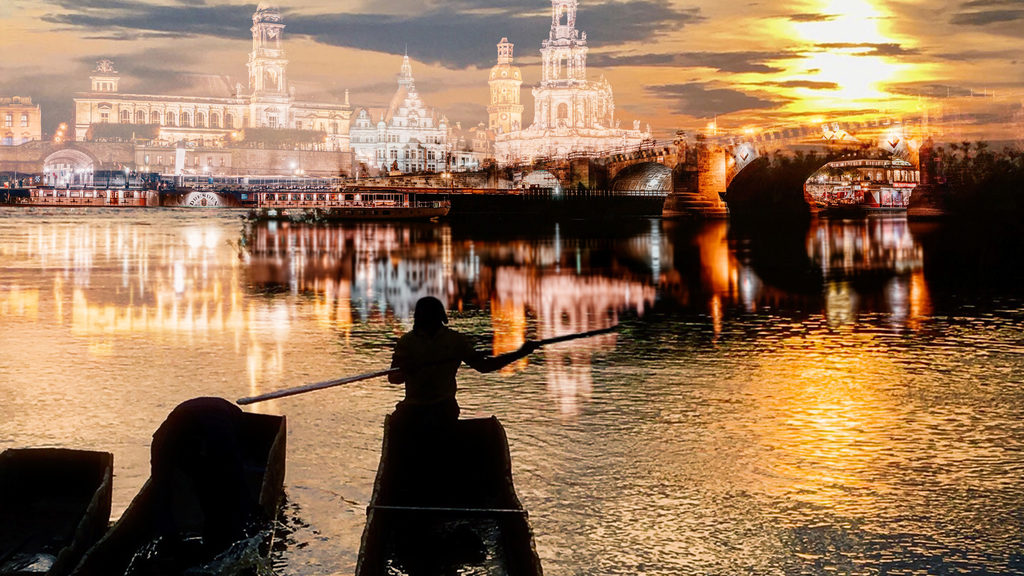 Collage mit Blick auf einen Fluss mit Booten im Vordergrund und die beleuchtete Dresdner Stadtsilhouette im Hintergrund.