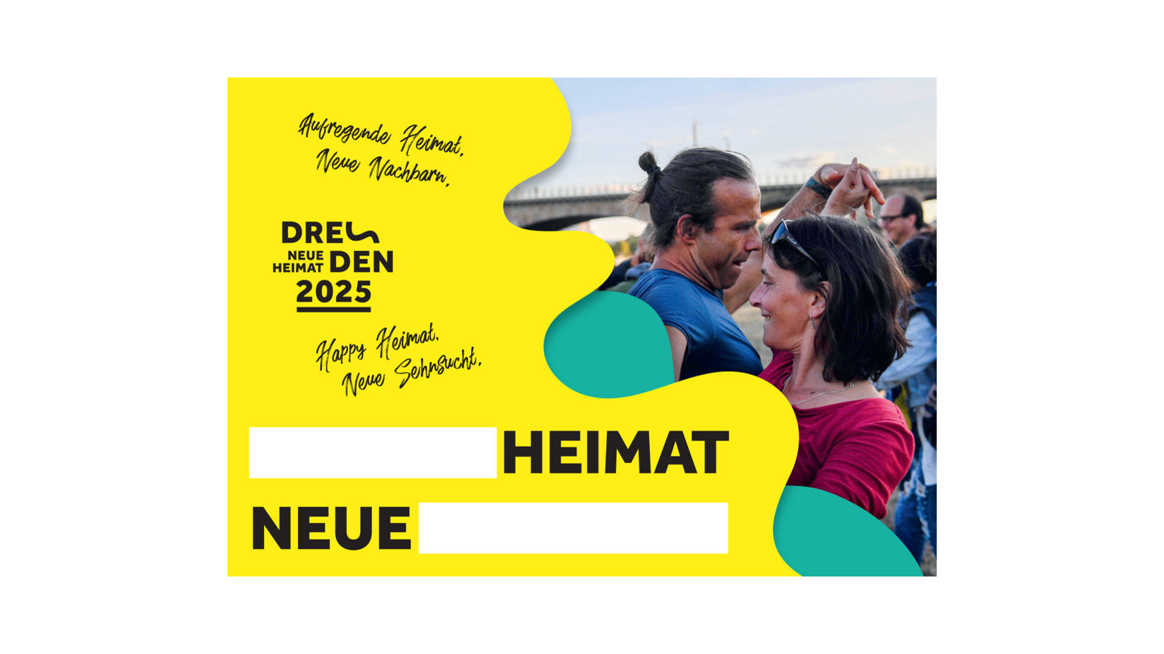 An den Elbwiesen tanzendes Paar als Bildmotiv der Postkartenaktion, um das Motto "Neue Heimat" selbst zu ergänzen