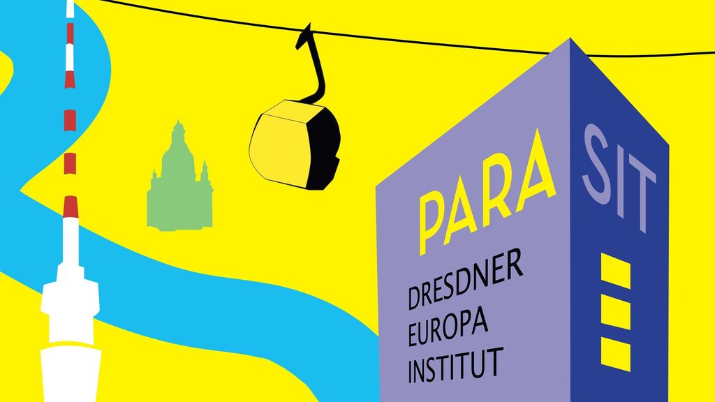 Graphic with elements of Elbe river, TV tower, Frauenkirche church, cable car and a building with parasite inscription.