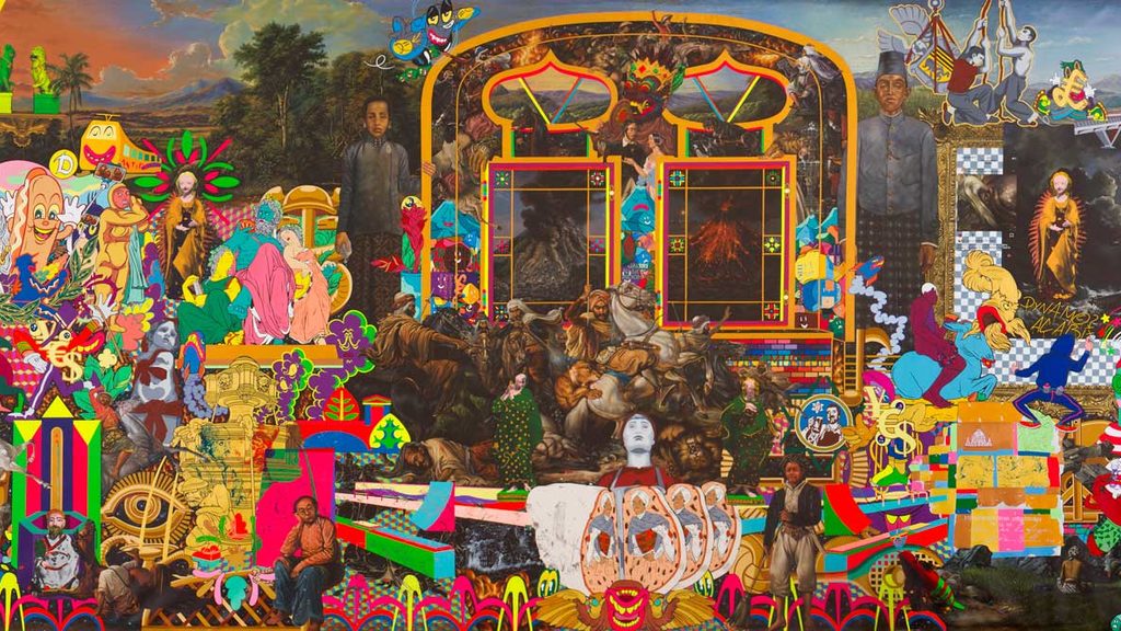 Ansicht des acht Meter großen Gemäldes in der modernen Bildsprache des urbanen Indonesiens, zwischen Indo-Pop, Graffiti und Comic Art. Der indonesische Künstler Hahan verarbeitet seine Sicht auf Dresden und Raden Saleh.