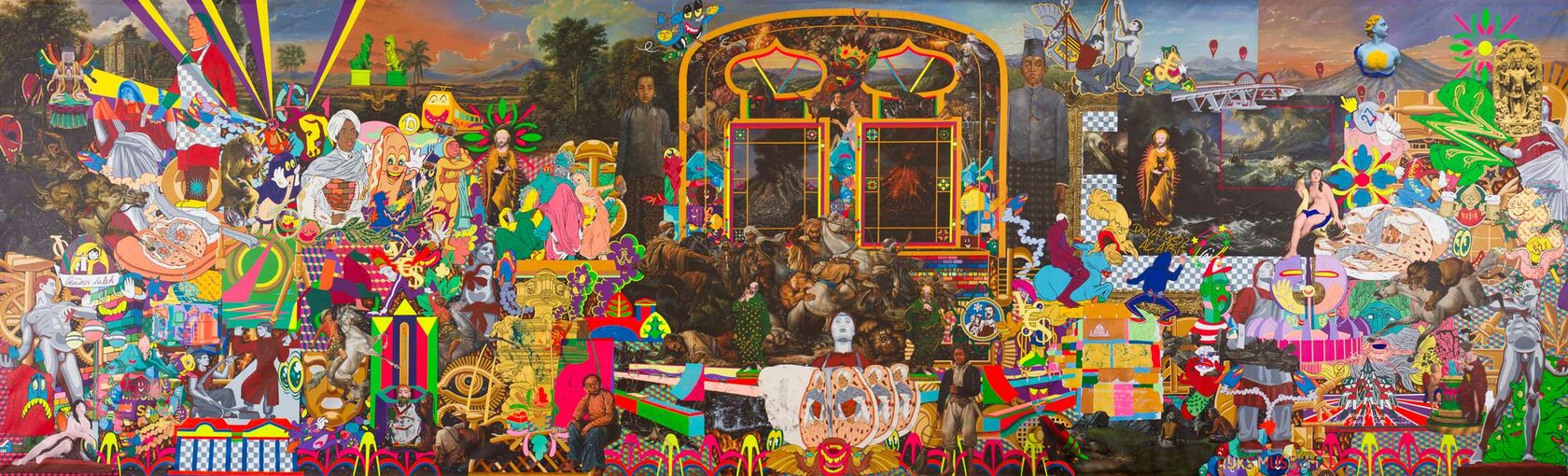 Ansicht des acht Meter großen Gemäldes in der modernen Bildsprache des urbanen Indonesiens, zwischen Indo-Pop, Graffiti und Comic Art. Der indonesische Künstler Hahan verarbeitet seine Sicht auf Dresden und Raden Saleh für die Auktion "The Curious Deal".