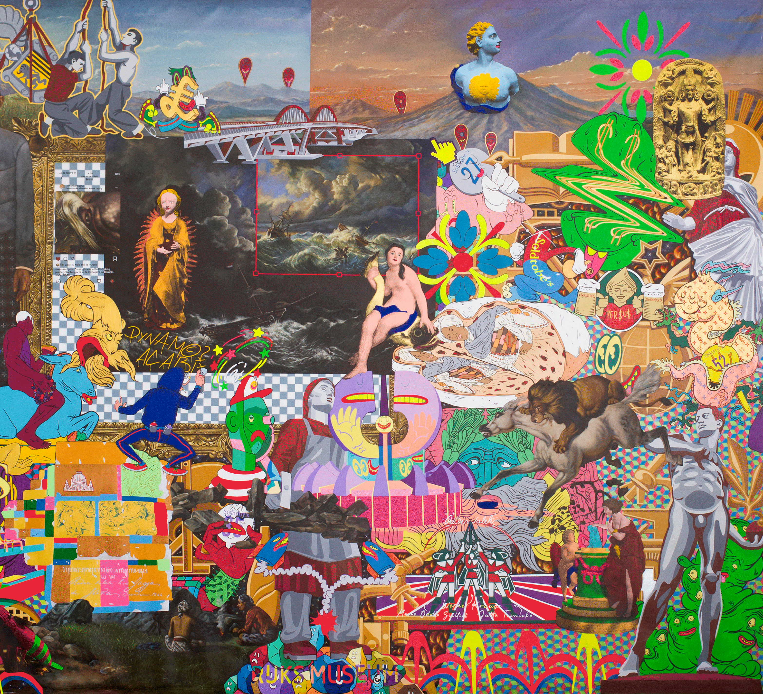 Teilansicht des acht Meter großen Gemäldes in der modernen Bildsprache des urbanen Indonesiens, zwischen Indo-Pop, Graffiti und Comic Art. Der indonesische Künstler Hahan verarbeitet seine Sicht auf Dresden und Raden Saleh für die Auktion "The Curious Deal".